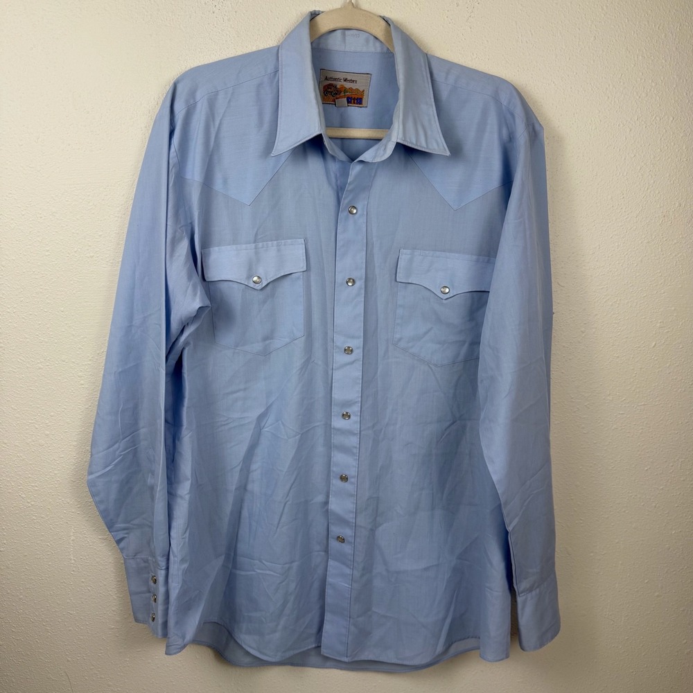 Authentic Western Mens Light Blue Pearl Snap Shirt Long Sleeve Pointed Yoke 16.5